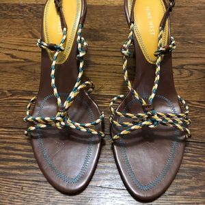 Brown, yellow, white and turquoise sandals size 9